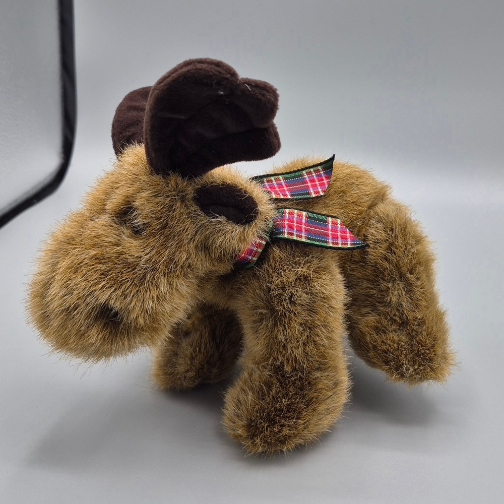 Russ Berrie Mac the Moose Plush Jointed Vintage 10714 Brown Plaid Bow 9in